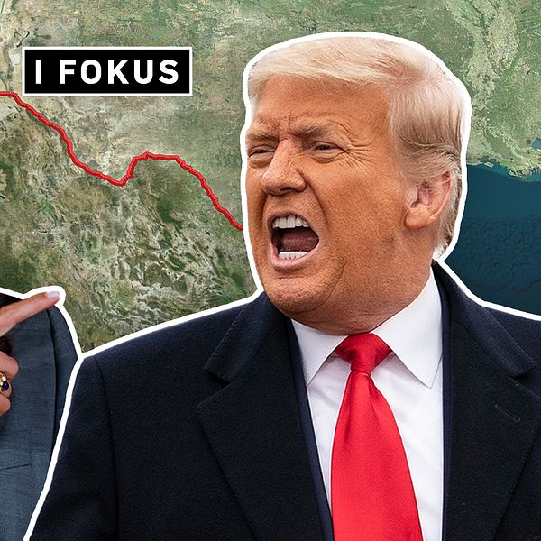 En kvinna i en kostym pekar mot en karta som visar gränsen mellan USA och Mexiko, medan en man i kostym står bredvid henne. Texten ”I FOKUS” är synlig ovanför kartan. Bilden tyder på en diskussion om gränsfrågor.