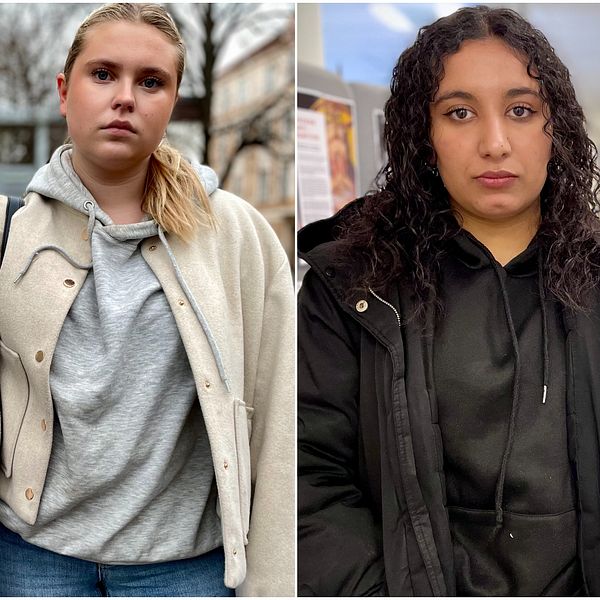 Bilden är uppdelad i tre sektioner, där varje sektion visar en person klädd i vinterkläder. Den första personen bär en svart jacka och en grön tröja med en grå ryggsäck över axeln. I mitten har personen på sig en beige jacka och en grå huvtröja samt blå jeans. Den tredje personen har en svart jacka och en svart huvtröja. Alla står utomhus i en urban miljö.