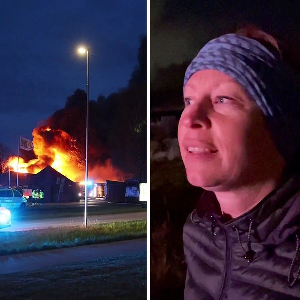 En tredelad bild med två personer på varsin sida om branden i Halmstad.