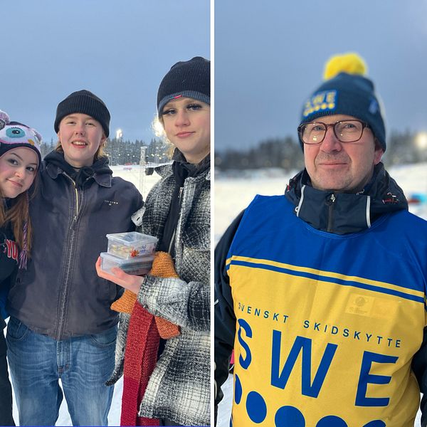 Sara Persson, Rebecca Barchéus, Christer Eriksson, står på läktaren vid Östersunds skidstadion.