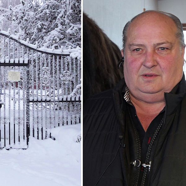Till vänster: Snötäckt Frösö Zoo. Till höger: Tidigare delägaren av Frösö Zoo, Åke Netterström, står framför en uppstoppad mammutunge och berättar om framtiden för markområdet där djurparken tidigare höll till.