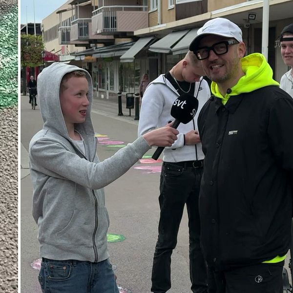 Delad bild. Vänster: färgglatt mönster på marken. Höger: En ung kille i hoodtröja intervjuar konstnären Tony Lorenzi på Stora Gatan i Köping.