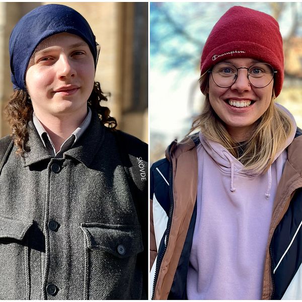 Tredelad bild. Vänster: person i beige jacka. Mitten: person i grå kappa. Höger: person i dunjacka.