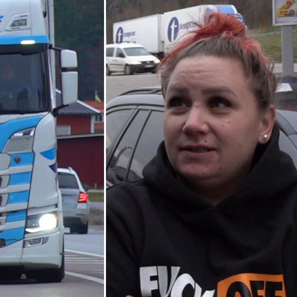 Till höger: lastbilar på en tungt trafikerad väg. Till vänster: Linda Koskajärvi, chaufför.