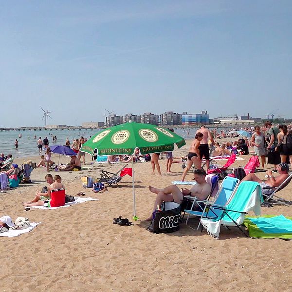 Folk solar och badar på Skrea Strand i Falkenberg under klar himmel.