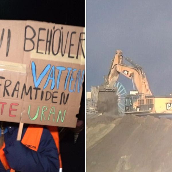 Till vänster: En stav med provborrat alunskiffer. Mitten: Ett plakat med protester mot gruvbrytning i Oviken Till höger: En schaktmaskin på en gruva