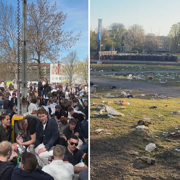Ekonomikumparken före, under och efter valborg med folkmassa och skräp