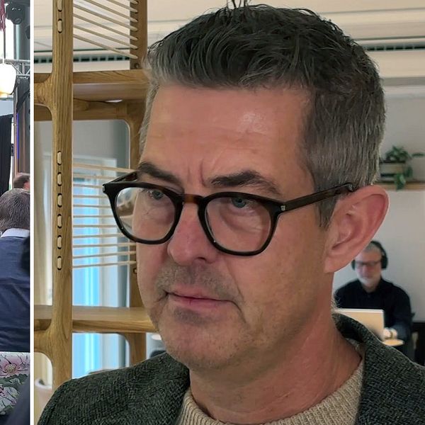En delad bild som visar två scener: till vänster ser vi en livlig miljö med människor som deltar i en event, med en scen i bakgrunden och belysning. Till höger en närbild av en person med grått hår som sitter i en lugn miljö, troligen ett kontorsutrymme, med en bokhylla i bakgrunden.