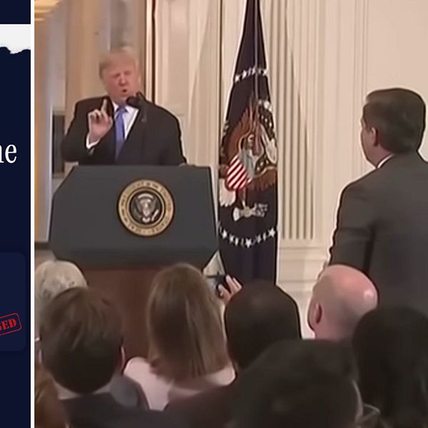 Donald Trump talar vid podiet, bredvid skärm med Vita husets lista över medier som anses lögnaktiga.