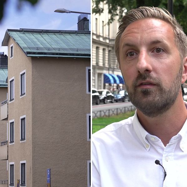 Bostadshus och man i bild.