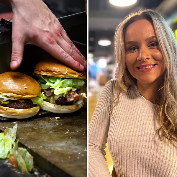 En delad bild som visar tre sektioner: till vänster en person klädd i en hoodie som står utomhus i kallt väder, i mitten en hand som håller en hamburger som tillagas på en grill tillsammans med två färdiga hamburgare med grönsaker, och till höger en person som poserar inomhus med långt lockigt hår och en ljus tröja.