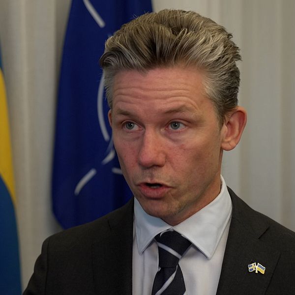 Pål Jonson (M) i kostym framför svenska flaggan och Nato:s flagga.