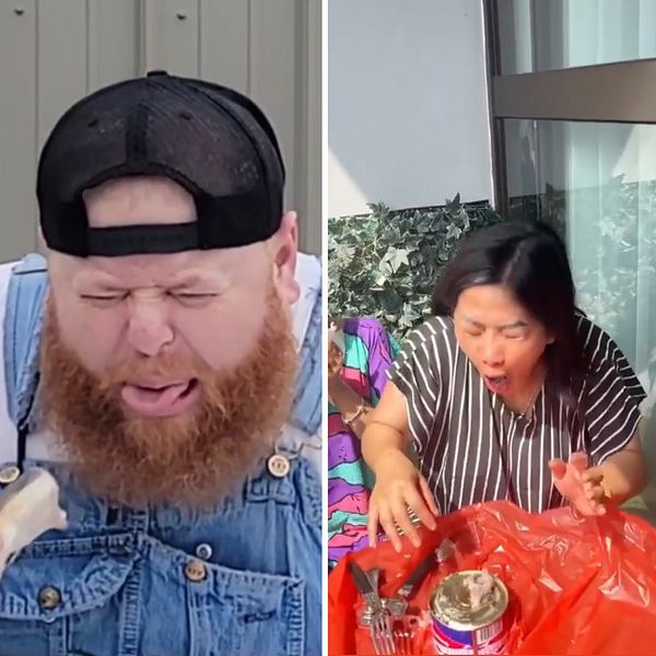 Människor i skiftande grimaser av äckel framför varsin burk med surströmming.