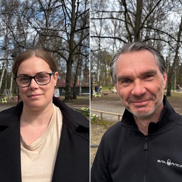 Tredelad bild. Vänster: person framför byggnad. Mitten: person vid träd. Höger: person vid parkväg.