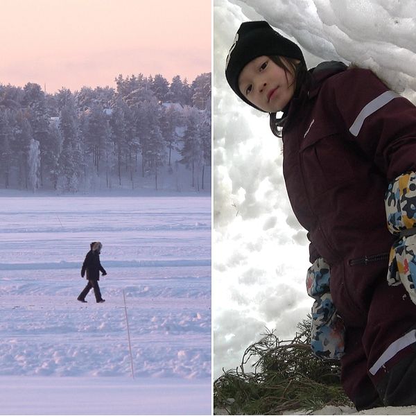 en kvinna gör små snögubbar, en man går ute på isen, ett barn leker i en igloo