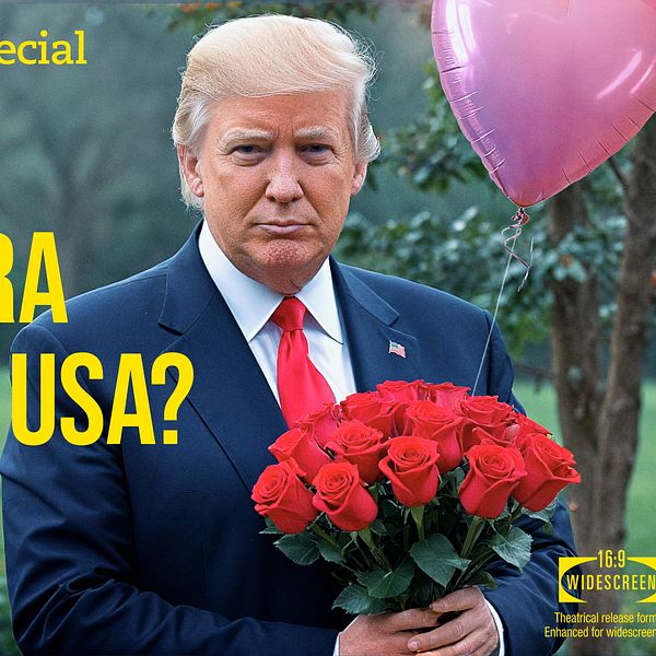 Man med rosenbukett och hjärtballong. Text: ”Kan vi göra slut med USA?”