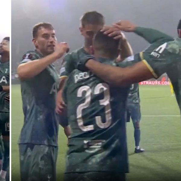 Delad bild. Till vänster: fotbollsspelare firar. Till höger: spelare kramar nummer 23.