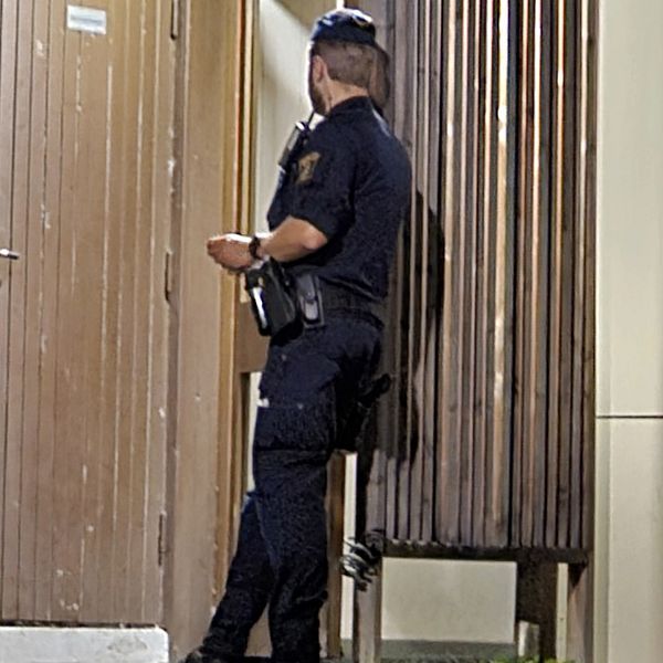 Två poliser i uniform står vid en dörr i en mörklagd miljö. Den ena polisman tittar på dörren medan den andra står lutad mot en vägg, båda med vapen synliga. Det är kväll och belysningen skapar en dramatisk stämning.