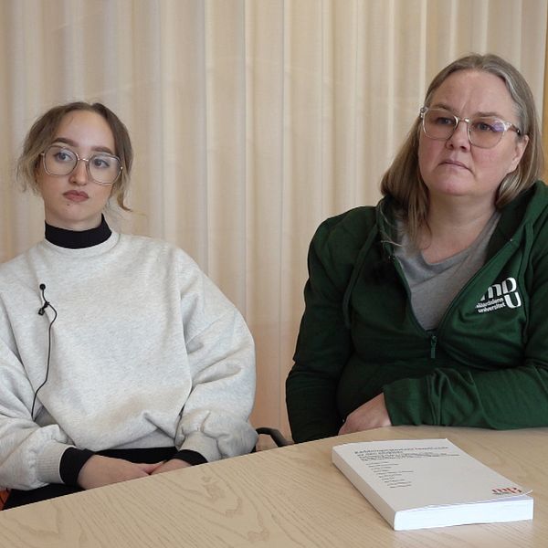Tvådelad bild. Till vänster: En hand håller en bok. Till höger: Två personer sitter vid bord med bok.