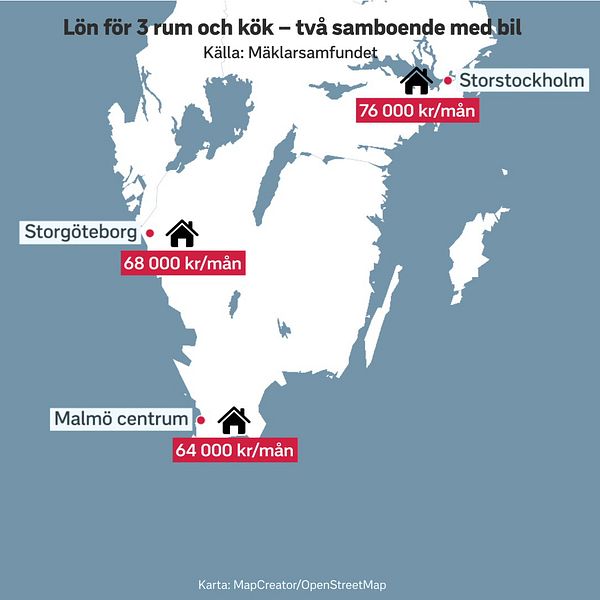 Karta över Stockholm, Göteborg och Malmö med lön som krävs för en trea.