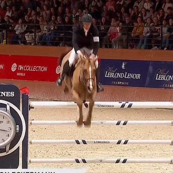 En delad bild som visar en ryttare som deltar i en hoppningstävling. Till vänster syns ryttaren på sin häst, klädd i ridkläder och hjälm, och till höger ett ögonblick där hästen hoppar över ett hinder, med en klocka och publik i bakgrunden.