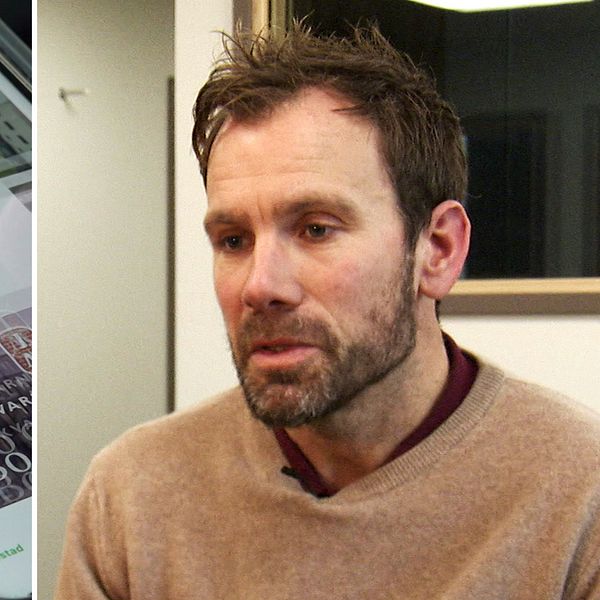 Delad bild. Vänster: en smartphone visar en webbsida. Höger: en man i beige tröja.