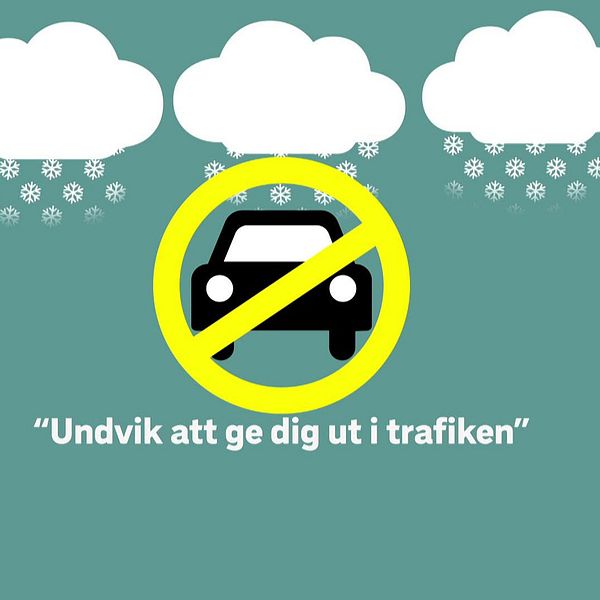 En delad bild som visar två sektioner. Den vänstra sektionen visar en person som går i kraftigt snöfall, iförd en vinterjacka och med huvudet nedböjt mot vinden. Den högra sektionen har en grön bakgrund med symboler av snöflingor och en bil med ett rött överstrykningstecken, samt texten ”Undvik att ge dig ut i trafiken”.