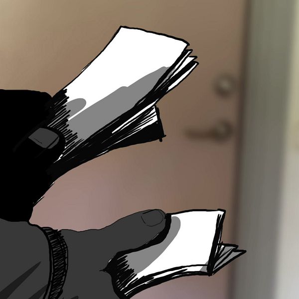 Man i porträtt, och grafik på händer som håller i sedlar