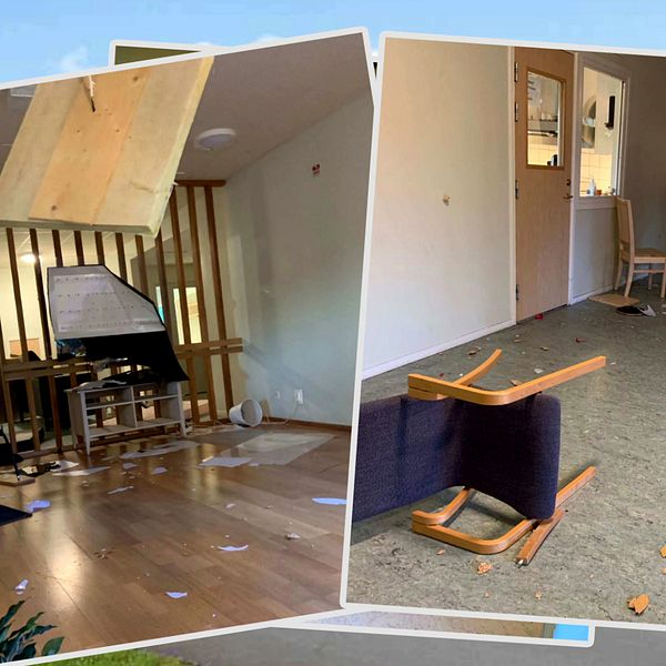 Vandaliserade rum på sis-hemmet stigby på visingsö. Sönderslagna stolar ligger på golvet och takplattor hänger ner
