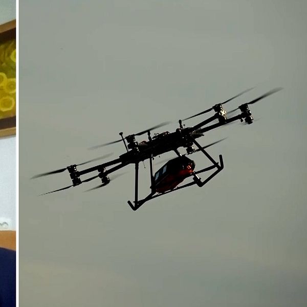 Man i samtal om evakuering, bredvid en drönare som lyfter en last