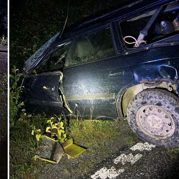 två bilder på en bil med kraftiga skador, på fronten i ett dike vid en skogskant i mörker