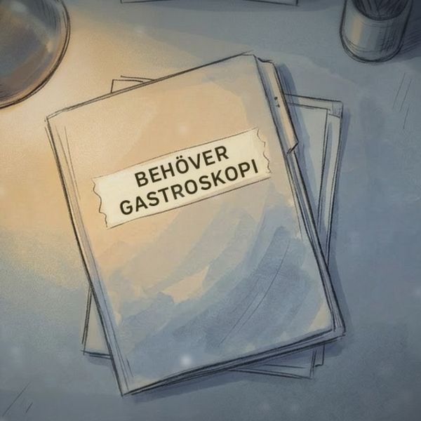 Hand som håller en sjukhussäng och en pärm märkt ”Behöver gastroskopi”