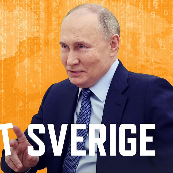 En bild på Putin, en gul animerad bild med en sverigekarta och texten ”Slå ut Sverige” skriver på