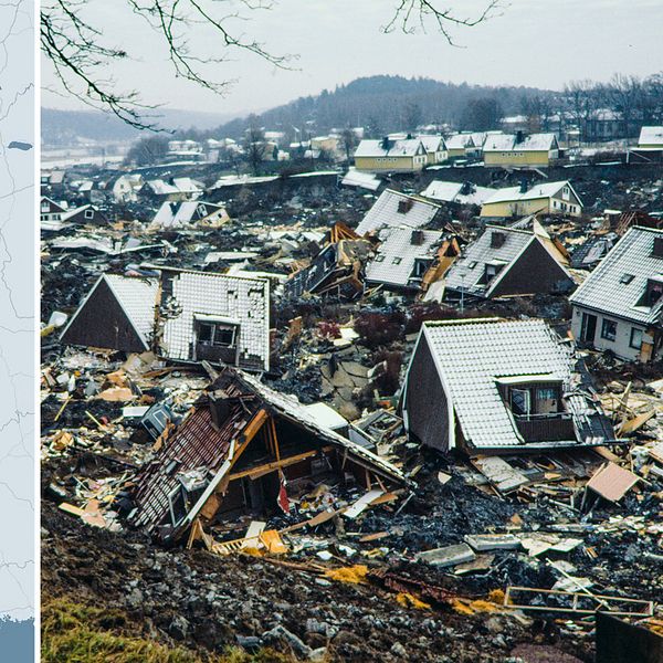 Montage: Karta och bild från skredet i Tuve