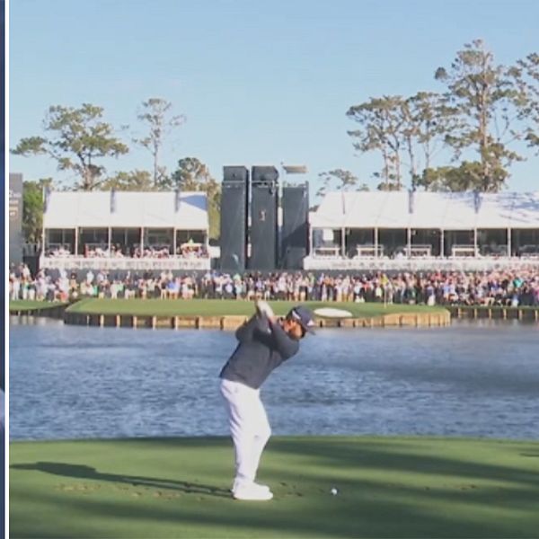 Tvådelad bild. Till vänster: Srixon-keps. Till höger: Golfsving vid sjö med klubbhus i bakgrunden.