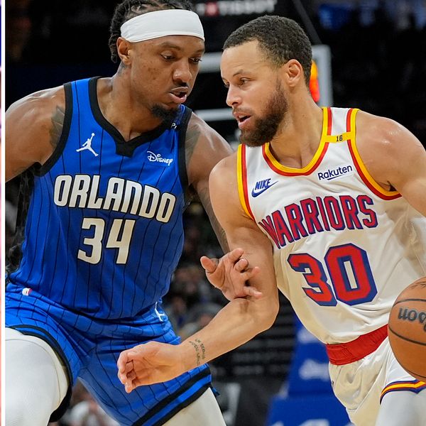 Tredelad bild. Till vänster: basketspelare dribblar. I mitten och höger: Warriors möter Orlando.