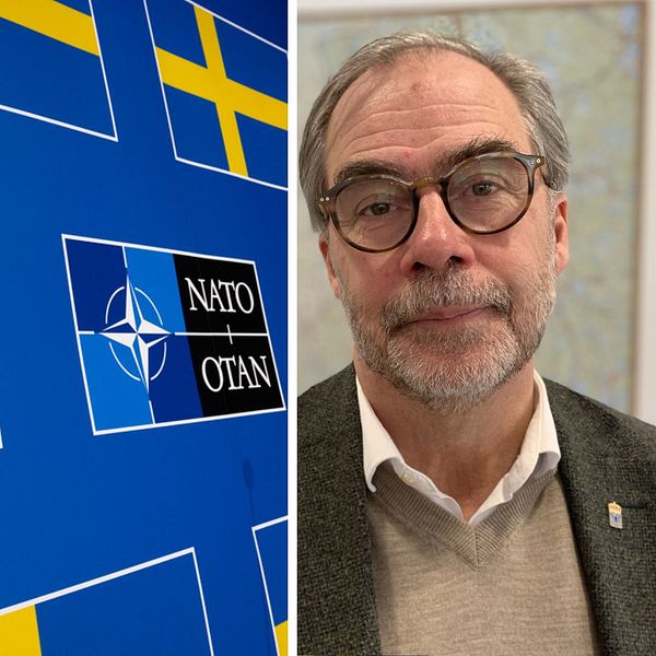 Två bilder, en med Nato-logotyper och svenska flaggan och en porträttbild på Värmlands landshövding Georg Andrén.