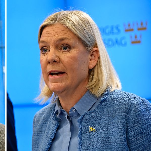Tvådelad bild av två personer i kostym och kavaj med suddade ansikten.