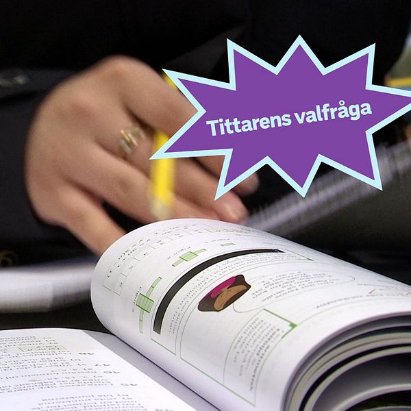 Skolelev sitter vid en bänk med en skolbok.