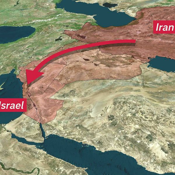 Kartbild över några av de inblandade länderna i konflikten: Israel, Libanon, Syrien, Irak och Iran.