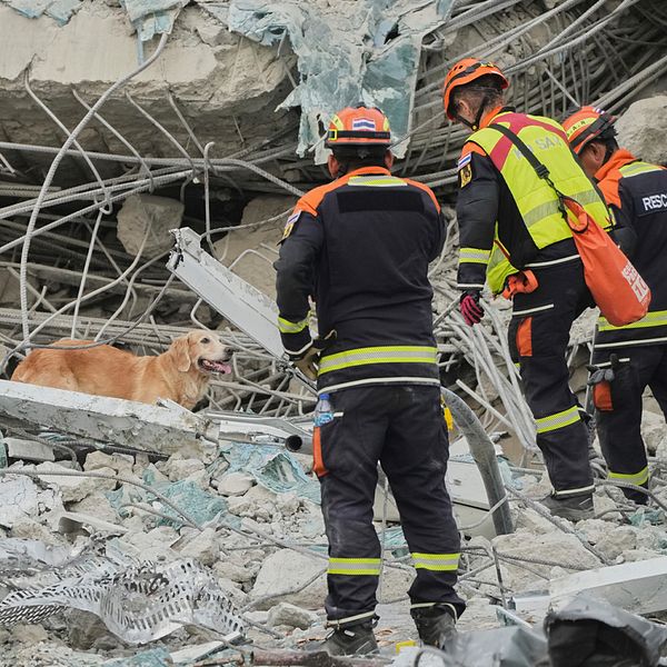 Tvådelad bild. Till vänster: byggnad kollapsar. Till höger: räddningsteam söker i rasmassor.