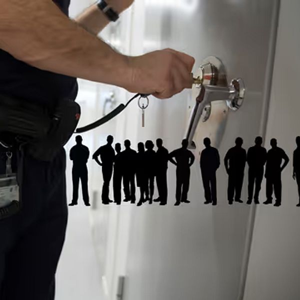 väktare låser upp häktesdörr. Små svarta grafiska människofigurer