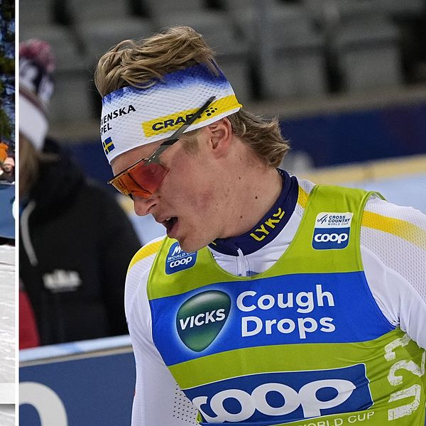 Tvådelad bild. Vänster: skidtävling på snötäckt bana. Höger: längdskidåkare i sponsrat tävlingsställ.