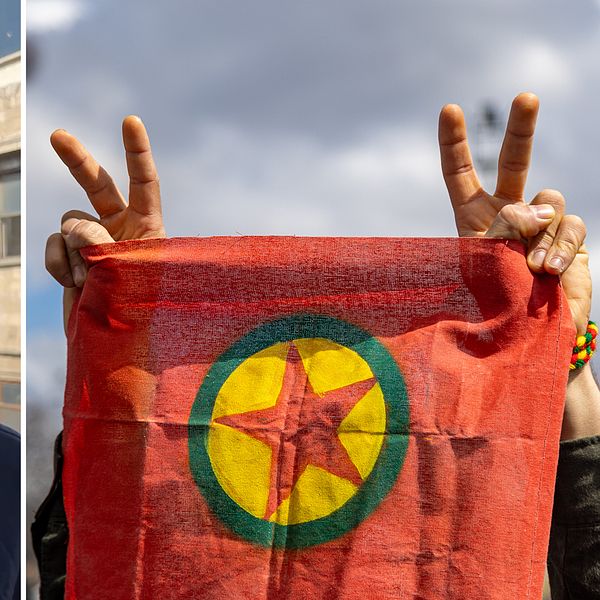 Vänster:Tomas Thorén, SVT:s Turkietkorrespondent Höger: Händer som håller upp en PKK-flagga.