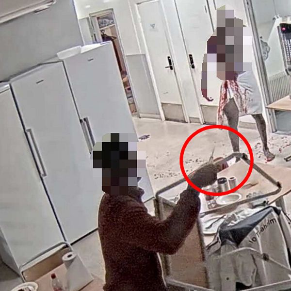 Tvådelad bild. Vänster: Beslagtagen kniv med linjal. Höger: Övervakningsbild av person med rödmarkerad kniv.