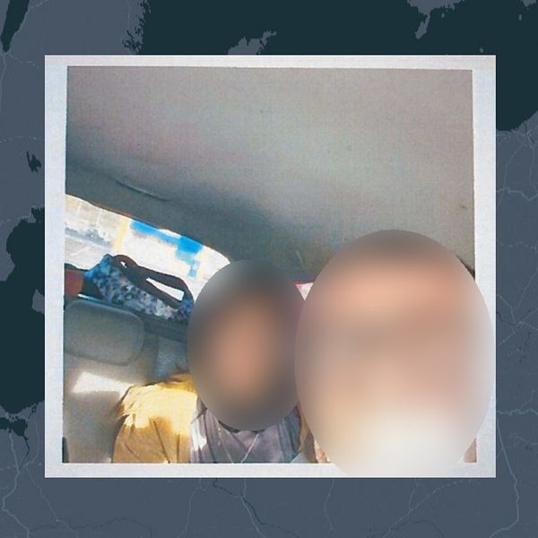 Kartbild på en rutt från södra Sverige genom Danmark till Tyskland. Även en bild på två personer i en bil vars ansikten blurrats.