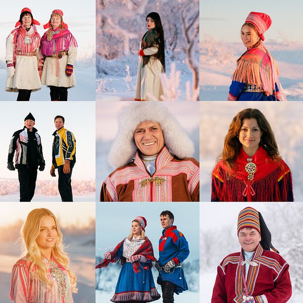 Finalisterna i årets tävling samlade, klädda i traditionella samiska dräkter utomhus.