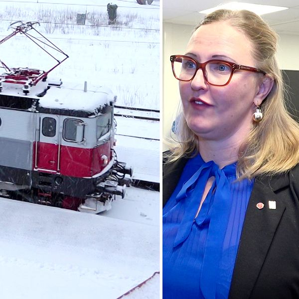 En delad bild som visar ett tåg under vintern. Den vänstra sektionen visar ett lokomotiv som står stilla på en snöklädd perrong. Den högra sektionen visar Luleås kommunalråd, Carina Sammeli (S), klädd i svart jacka och blå blus som är i fokus.