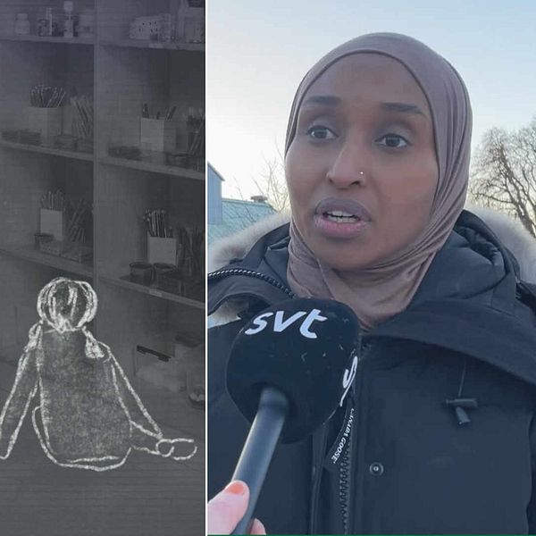 Tvådelad bild. Vänster: tecknad familj i förvaring. Höger: intervju med kvinna i fokus.