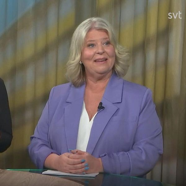 Socialtjänstminister Camilla Waltersson Grönvall (M) bredvid en teckenspråkstolk